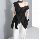 TWOTWINSTYLE Sleeveless Sashes Tunic Women\'s Blouses Shirts Summer 2017 V Collar Black Khaki Irregu