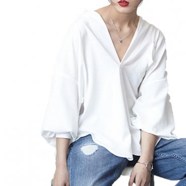 [GUTU]2018 Spring and summer big V collar solid color all-match loose casual sexy temperament shirt 