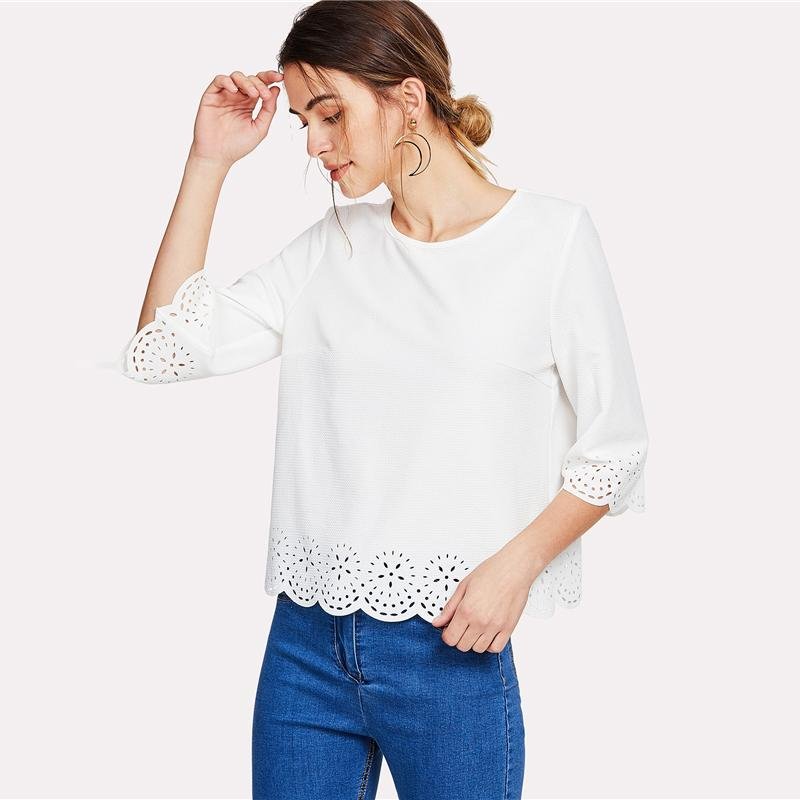White Scallop Laser Cut Blouse Solid Round Neck Top 2018 Spring Women Office Ladies Work Elegant Blo