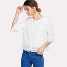 White Scallop Laser Cut Blouse Solid Round Neck Top 2018 Spring Women Office Ladies Work Elegant Blo