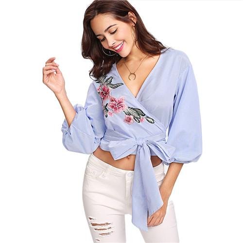 Blue Striped Floral Lantern Sleeve Blouse V-Neck Belted Wrap Crop Top 2018 Summer Women Sexy Slim Fi