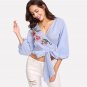 Blue Striped Floral Lantern Sleeve Blouse V-Neck Belted Wrap Crop Top 2018 Summer Women Sexy Slim Fi