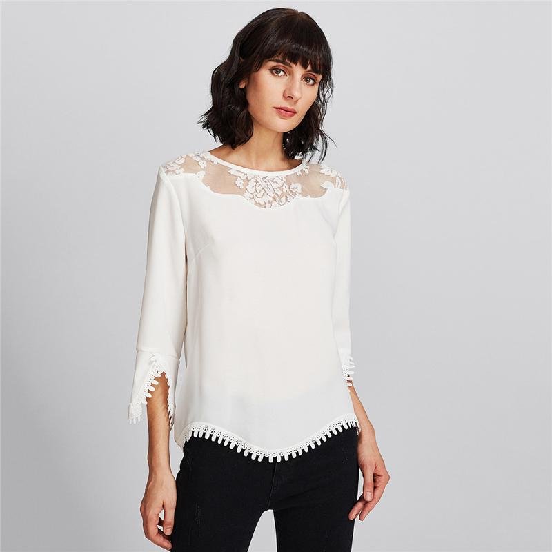 White Contrast Lace Sheer Blouse Solid Round Neck Top 2018 Spring Women Office Ladies Chiffon Blouse