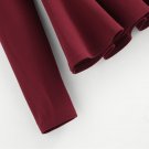 Flounce One Shoulder Ruffle Hem Peplum Blouse Women Burgundy Round Neck Long Sleeve Zipper Work Plai