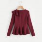 Flounce One Shoulder Ruffle Hem Peplum Blouse Women Burgundy Round Neck Long Sleeve Zipper Work Plai