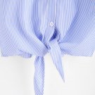 Embroidered Appliques Pinstripe Knot Hem Blouse 2017 Women Lapel Blue Striped Shirt Buttons Front Bl