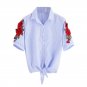 Embroidered Appliques Pinstripe Knot Hem Blouse 2017 Women Lapel Blue Striped Shirt Buttons Front Bl