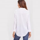 White Deep-Plunge Neck Curved Hem Blouse Ladies Lapel Collar Long Sleeve Basic Blouse 2017 Autumn Wo