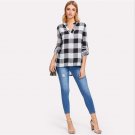 Plaid Shirt Women V-Neck Roll Up Sleeve High Low Top 2018 Spring Black and White Casual Long Sleeve 