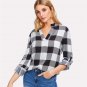 Plaid Shirt Women V-Neck Roll Up Sleeve High Low Top 2018 Spring Black and White Casual Long Sleeve 
