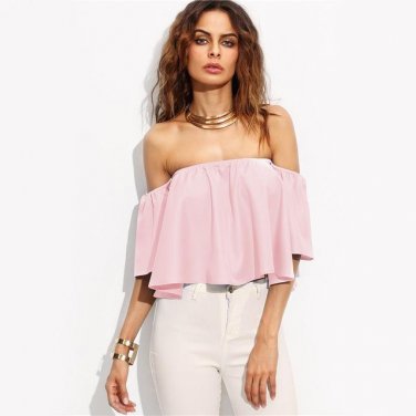 Off Shoulder Crop Top Sexy Beach Brief Blouse 2017 Women Slash Neck Pink Summer Tops Casual Slim Hal