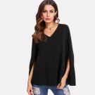 Black Split Sleeve Blouse Women V-Neck Long Sleeve Plain Top 2018 Spring Office Work Elegant Blouse