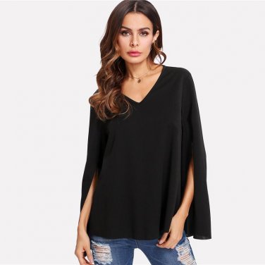 Black Split Sleeve Blouse Women V-Neck Long Sleeve Plain Top 2018 Spring Office Work Elegant Blouse