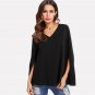 Black Split Sleeve Blouse Women V-Neck Long Sleeve Plain Top 2018 Spring Office Work Elegant Blouse