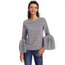 Exaggerate Flare Sleeve Buttoned Keyhole Casual Plaid Blouse 2017 Women Round Neck Long Sleeve Elega