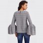 Exaggerate Flare Sleeve Buttoned Keyhole Casual Plaid Blouse 2017 Women Round Neck Long Sleeve Elega