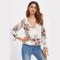 Floral Printed Surplice Neckline Crisscross Tie Cuff Blouse Womens Cute V Neck 3/4 Sleeve High Low F