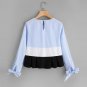 Round Neck Long Sleeve Patchwork Blouse Bow Tie Button Ruffle Cuff Cut And Sew Top Women Casual Colo