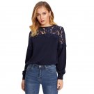 Navy Contrast Lace Panel Casual Blouse 2017 Round Neck Long Sleeve Plain Top Women Elegant Autumn Bl