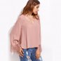 Women Full Sleeve Shirts Blouses Korean Fashion Style Women Clothes Pink Crisscross V Neck Lace Trim