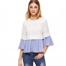 Womens Clothes Spring Women White And Blue Striped Ruffle Top Three Quarter Length Sleeve Blouse