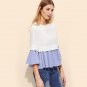 Womens Clothes Spring Women White And Blue Striped Ruffle Top Three Quarter Length Sleeve Blouse