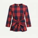 Bow Belted Women Blouse Keyhole Back Red Plaid Cute Peplum Long Sleeve Elegant Office Lady Workwear 