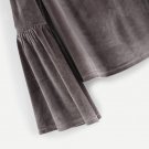 Choker Neck Flare Sleeve Velvet Plain Blouse 2017 Grey V Neck Open Back Ruffle Elegant Blouse Womens