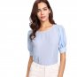 Blue Blouse Women Plain Puff Sleeve Round Neck Zip Side Blouses 2018 New Summer Short Sleeve Office 