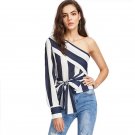 Multicolor One Shoulder Striped Blouse Color Block Top With Bow Tie 2018 Spring Women Long Sleeve Bl