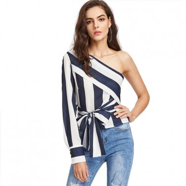 Multicolor One Shoulder Striped Blouse Color Block Top With Bow Tie 2018 Spring Women Long Sleeve Bl