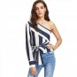 Multicolor One Shoulder Striped Blouse Color Block Top With Bow Tie 2018 Spring Women Long Sleeve Bl