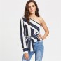 Multicolor One Shoulder Striped Blouse Color Block Top With Bow Tie 2018 Spring Women Long Sleeve Bl