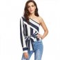 Multicolor One Shoulder Striped Blouse Color Block Top With Bow Tie 2018 Spring Women Long Sleeve Bl