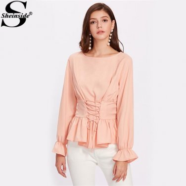 Sheinside Pink Bell Sleeve Cuff Lace Up Ruffle Peplum Blouse Women\'s Boat Neck Long Sleeve Elegant 