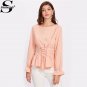 Sheinside Pink Bell Sleeve Cuff Lace Up Ruffle Peplum Blouse Women\'s Boat Neck Long Sleeve Elegant 