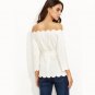 White Belted Scallop Trim Off The Shoulder Top 2016 Autumn Female Solid Long Sleeve Vogue Blouse