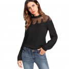 Black Mesh Yoke Lace Applique Blouse 2018 Stand Neck Long Sleeve Keyhole Back Plain Top Women Elegan