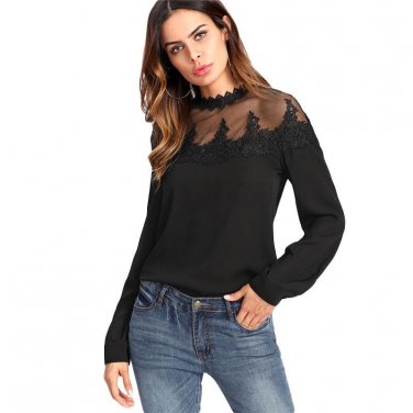 Black Mesh Yoke Lace Applique Blouse 2018 Stand Neck Long Sleeve Keyhole Back Plain Top Women Elegan