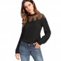 Black Mesh Yoke Lace Applique Blouse 2018 Stand Neck Long Sleeve Keyhole Back Plain Top Women Elegan