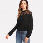 Black Mesh Yoke Lace Applique Blouse 2018 Stand Neck Long Sleeve Keyhole Back Plain Top Women Elegan