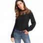 Black Mesh Yoke Lace Applique Blouse 2018 Stand Neck Long Sleeve Keyhole Back Plain Top Women Elegan