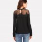 Black Mesh Yoke Lace Applique Blouse 2018 Stand Neck Long Sleeve Keyhole Back Plain Top Women Elegan