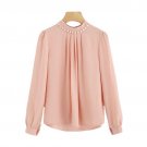Pearl Beading Puff Sleeve Pleated Chiffon Blouse Pink High Neck Long Sleeve Work Top 2017 Women Eleg