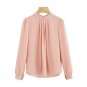 Pearl Beading Puff Sleeve Pleated Chiffon Blouse Pink High Neck Long Sleeve Work Top 2017 Women Eleg