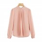 Pearl Beading Puff Sleeve Pleated Chiffon Blouse Pink High Neck Long Sleeve Work Top 2017 Women Eleg