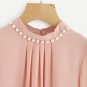 Pearl Beading Puff Sleeve Pleated Chiffon Blouse Pink High Neck Long Sleeve Work Top 2017 Women Eleg