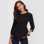 Pearl Beading Neckline Peplum Blouse Women Fashion Black Round Neck 3/4 Sleeve Ruffle Cute Top 2017 