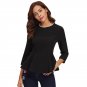 Pearl Beading Neckline Peplum Blouse Women Fashion Black Round Neck 3/4 Sleeve Ruffle Cute Top 2017 