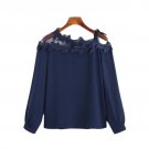 Mesh Panel Crochet Embroidery Asymmetric Cold Shoulder Plain Blouse 2017 Fashion Round Neck Long Sle